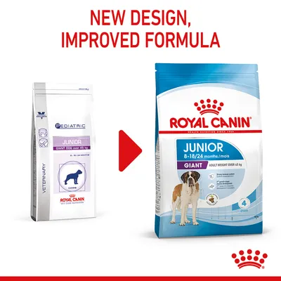Comparison of old and new Royal Canin Junior Giant dog food packaging, highlighting new design and improved formula for dogs over 45 kg aged 8-18/24 months.