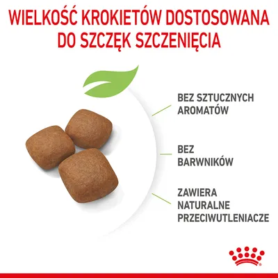 Wielkość krokietów dostosowana do szczęk szczenięcia. Bez sztucznych aromatów, bez barwników, zawiera naturalne przeciwutleniacze.