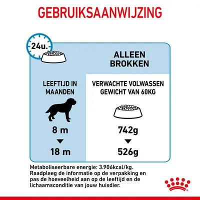 Gebruiksaanwijzing: voor honden van 8 tot 18 maanden met verwacht volwassen gewicht van 60 kg, dagelijks alleen brokken, hoeveelheid daalt van 742 g naar 526 g. Energie: 3.906 kcal/kg.