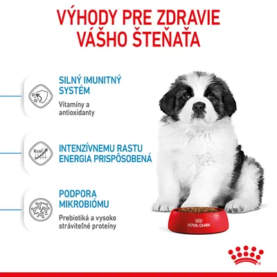 Výhody pre zdravie vášho šteňaťa: silný imunitný systém, intenzívnemu rastu energia prispôsobená, podpora mikrobiómu. Royal Canin miska s krmivom a šteňa.