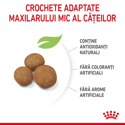Crochete adaptate maxilarului mic al cățeilor. Conține antioxidanți naturali, fără coloranți artificiali, fără arome artificiale.