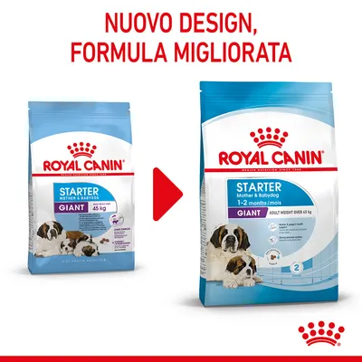 Royal Canin Starter Mother & Babydog Giant, nuovo design e formula migliorata. Confezioni a confronto: vecchio e nuovo aspetto per cani adulti oltre 45 kg, visibili scritte in italiano e inglese.