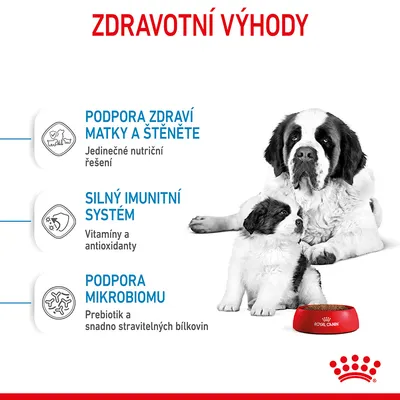 ZDRAVOTNÍ VÝHODY: Podpora zdraví matky a štěněte, silný imunitní systém, podpora mikrobiomu. Royal Canin miska, dospělý pes a štěně.