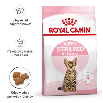 Royal Canin Kitten Sterilised 6–12 months, widoczne hasła: Silny układ odpornościowy, Prawidłowy wzrost i masa ciała, Odpowiednia wielkość krokietów, etap 4.