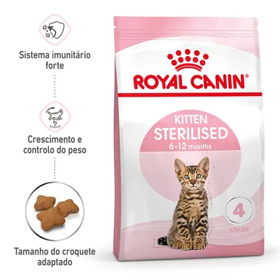 Royal Canin Kitten Sterilised 6–12 months. Sistema imunitário forte, crescimento e controlo do peso, tamanho do croquete adaptado. Embalagem com imagem de um gato jovem.