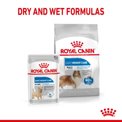 Dry and wet formulas for light weight care, showing two Royal Canin packages labelled 'Light Weight Care' with visible product information on limiting weight gain.