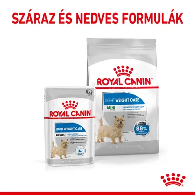 Royal Canin Light Weight Care kutyatáp száraz és nedves változatban, MINI és ALL SIZES felirattal, 85 g-os tasak és nagyobb zacskó csomagolásban. Száraz és nedves formulák.