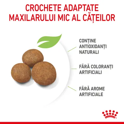 Crochete adaptate maxilarului mic al cățeilor. Conține antioxidanți naturali, fără coloranți artificiali, fără arome artificiale. Imagine cu trei crochete rotunde.