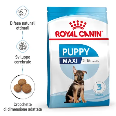 Confezione Royal Canin Puppy Maxi 2–15 months, difese naturali ottimali, sviluppo cerebrale, crocchette di dimensione adattata, fase 3.