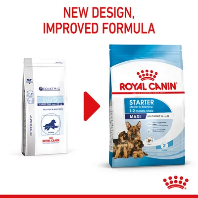 Image showing product packaging change from old to new design with improved formula for Royal Canin Starter Maxi, Mother & Babydog, 1-2 months, adult weight 26-44 kg.