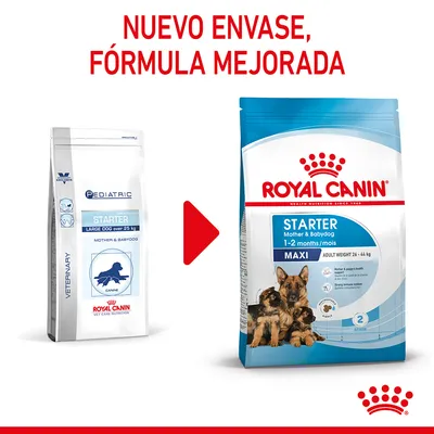 Cambio de envase y fórmula mejorada: Royal Canin Starter Mother & Babydog Maxi, peso adulto 26–44 kg, para 1–2 meses. Imagen de los dos paquetes y texto visible.