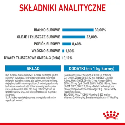 Składniki analityczne: białko surowe 30 %, tłuszcze 22 %, popiół 8,4 %, włókno 1,8 %, kwasy omega-3 (DHA) 0,19 %. Skład i dodatki na 1 kg karmy podane poniżej.
