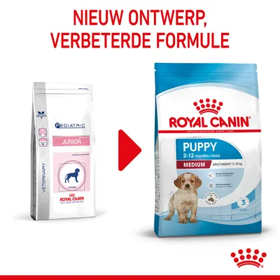 Royal Canin hondenvoer: oud ontwerp 'Pediatric Junior' naast nieuw ontwerp 'Puppy Medium 2–12 months, adult weight 11–25 kg'. Tekst: Nieuw ontwerp, verbeterde formule.