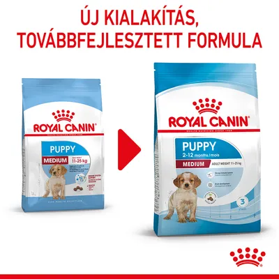 ROYAL CANIN PUPPY MEDIUM 11–25 kg régi és új csomagolás, felül: Új kialakítás, továbbfejlesztett formula. Új csomagon: 2–12 months/mois, adult weight 11–25 kg.