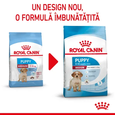 Royal Canin Puppy Medium, greutate adult 11–25 kg. Ambalaj vechi și nou cu text: Un design nou, o formulă îmbunătățită. Pe ambalaj nou scrie: 2–12 months/mois.