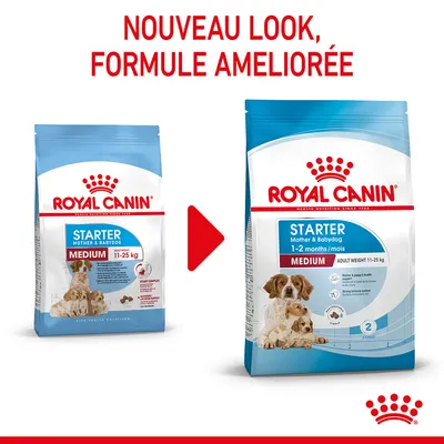 ROYAL CANIN Starter Mother & Babydog Medium 11–25 kg, ancien et nouveau packaging avec texte : Nouveau look, formule améliorée. Visible : 1–2 months/mois, adulte 11–25 kg.