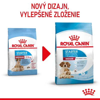 Royal Canin Starter Mother & Babydog Medium 11–25 kg, porovnanie starého a nového balenia. Text: Nový dizajn, vylepšené zloženie.