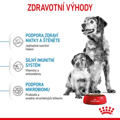 ZDRAVOTNÍ VÝHODY: Podpora zdraví matky a štěněte, silný imunitní systém, podpora mikrobiomu. Royal Canin miska, dospělý pes a štěně.