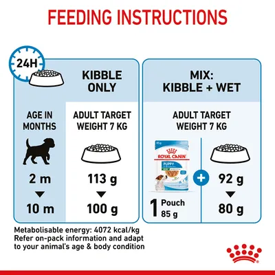 Feeding instructions for 7kg adult target weight: Kibble only, 113g at 2 months, 100g at 10 months. Mix: 1 pouch wet food plus 92g kibble at 2 months, 80g at 10 months.