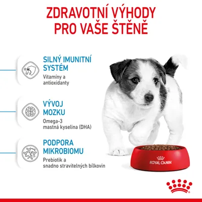 Zdravotní výhody pro štěně: silný imunitní systém (vitamíny a antioxidanty), vývoj mozku (omega-3 mastná kyselina DHA), podpora mikrobiomu (prebiotika, snadno stravitelné bílkoviny).