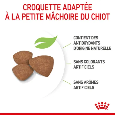 Croquette adaptée à la petite mâchoire du chiot, contient des antioxydants d’origine naturelle, sans colorants artificiels, sans arômes artificiels.