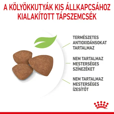 A kölyökkutyák kis állkapcsához kialakított tápszemcsék. Természetes antioxidánsokat tartalmaz, nem tartalmaz mesterséges színezéket és ízesítőt.