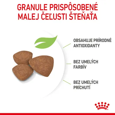 Granule prispôsobené malej čeľusti šteňaťa. Obsahuje prírodné antioxidanty, bez umelých farbív a príchutí. Zobrazené tri granule.