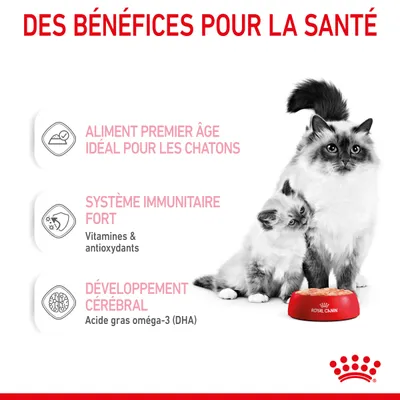 Des bénéfices pour la santé : aliment premier âge idéal pour les chatons, système immunitaire fort (vitamines & antioxydants), développement cérébral (acide gras oméga-3 DHA).