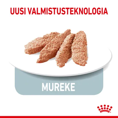 Uusi valmistusteknologia, mureke. Kuvassa viipaloitua murekemäistä lemmikkiruokaa valkoisella lautasella.