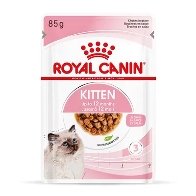 Royal Canin Kitten food, up to 12 months, chunks in gravy, no preservatives, 85g pouch, stage 3
