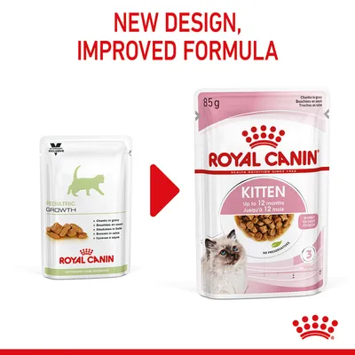Image showing Royal Canin cat food packaging changing from 'Pediatric Growth' to 'Kitten Up to 12 months', with text: New design, improved formula.
