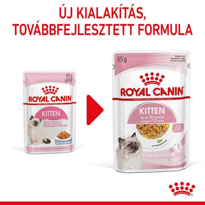 ROYAL CANIN Kitten 85 g tasakos eledel, új csomagolás és továbbfejlesztett formula. Felirat: ÚJ KIALAKÍTÁS, TOVÁBBFEJLESZTETT FORMULA.