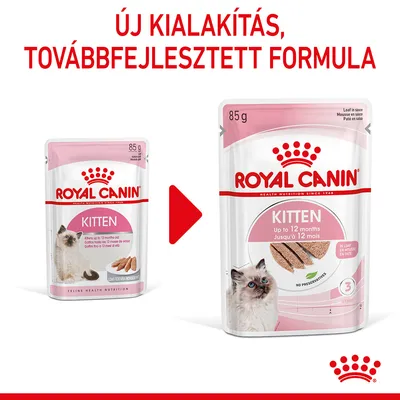 Royal Canin Kitten 85 g macskaeledel új csomagolása és továbbfejlesztett formula. Felirat: Új kialakítás, továbbfejlesztett formula. Csomagoláson: Kitten, Up to 12 months.