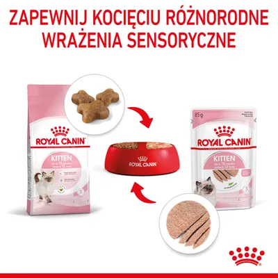 Royal Canin Kitten – karma sucha i mokra dla kociąt do 12 miesięcy, opakowania 85 g i większe, miska z karmą, tekst: Zapewnij kocięciu różnorodne wrażenia sensoryczne.