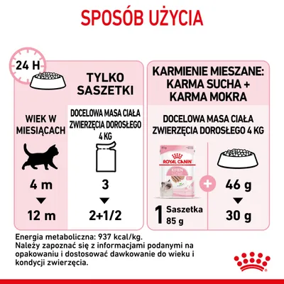 Sposób użycia: dawkowanie karmy Royal Canin Kitten dla kota 4–12 miesięcy, masa docelowa 4 kg. Tylko saszetki: 3 lub 2+1/2 dziennie. Mieszane: 1 saszetka 85 g + 46 g lub 30 g suchej.