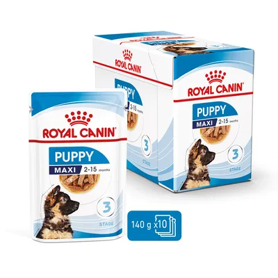 Royal Canin Puppy Maxi 2-15 months Stage 3, pack of 10 x 140g pouches shown with product box and pouch.