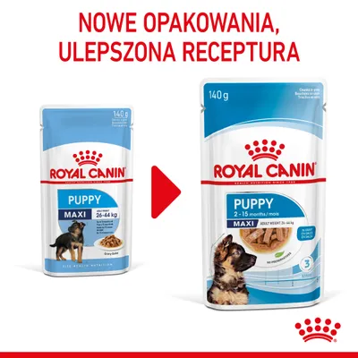 Nowe opakowanie i ulepszona receptura Royal Canin Puppy Maxi 140 g. Porównanie starego i nowego opakowania z widocznymi napisami: 2–15 months, adult weight 26–44 kg.