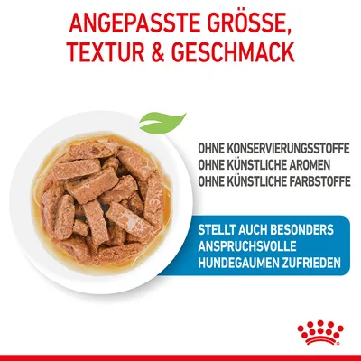 Angepasste Grösse, Textur & Geschmack. Ohne Konservierungsstoffe, künstliche Aromen oder Farbstoffe. Stellt auch besonders anspruchsvolle Hundegaumen zufrieden.