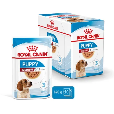 Royal Canin Puppy Medium 2–12 months, lot de 10 sachets de 140 g, emballage et sachet visibles avec photo de chiot et mention Stage 3.