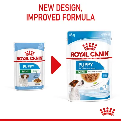 Royal Canin Puppy Mini food pouch updated from old to new design, with improved formula for puppies aged 2-10 months and adult weight up to 10 kg. No preservatives. 85g pack.