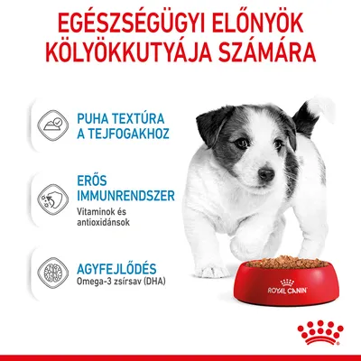 Egészségügyi előnyök kölyökkutyája számára: puha textúra a tejfogakhoz, erős immunrendszer vitaminokkal és antioxidánsokkal, agyfejlődés omega-3 zsírsavval (DHA). Royal Canin.