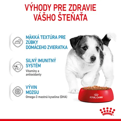 Výhody pre zdravie vášho šteňaťa: mäkká textúra pre zúbky domáceho zvieratka, silný imunitný systém (vitamíny a antioxidanty), vývin mozgu (Omega-3 mastná kyselina DHA).