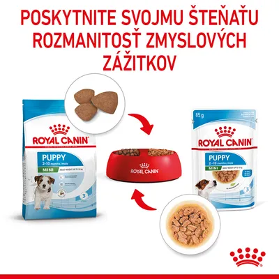 Royal Canin Puppy Mini 2–10 mesiacov: balenie suchého a mokrého krmiva, granule, miska s krmivom, text: Poskytnite svojmu šteňaťu rozmanitosť zmyslových zážitkov.