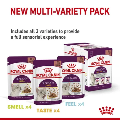 Multi-variety pack with 12 pouches: 4 Sensory Smell, 4 Sensory Taste, 4 Sensory Feel. Includes all three varieties for a full sensorial experience. Each pouch contains 85g.