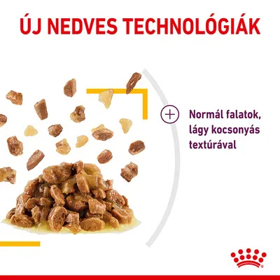 Új nedves technológiák. Normál falatok, lágy kocsonyás textúrával. Royal Canin márkajelzés látható.
