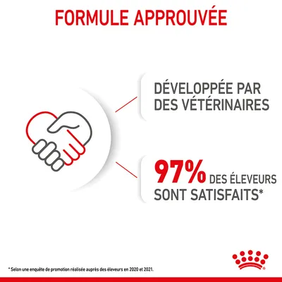 Formule approuvée, développée par des vétérinaires, 97 % des éleveurs sont satisfaits selon une enquête de promotion réalisée auprès des éleveurs en 2020 et 2021.