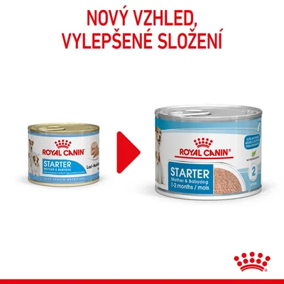 ROYAL CANIN Starter Mother & Babydog konzerva, změna vzhledu obalu a složení. Nový design, vylepšené složení, pro štěňata 1–2 měsíce.