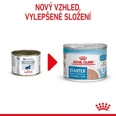 ROYAL CANIN STARTER konzerva: změna obalu a složení. Nový vzhled, vylepšené složení. Na obrázku stará a nová verze produktu s textem 'Mother & Babydog 1-2 months/mois'.