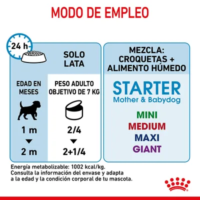Modo de empleo: solo lata para peso adulto objetivo de 7 kg, edad en meses 1 m y 2 m; mezcla croquetas + alimento húmedo Starter Mother & Babydog MINI MEDIUM MAXI GIANT. Energía 1002 kcal/kg.