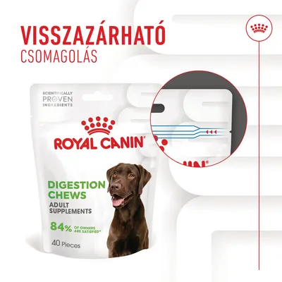Royal Canin Digestion Chews Adult Supplements, 40 darab, visszazárható csomagolás, 84% of owners are satisfied*, kutya képe a csomagon. Szöveg angolul is látható.